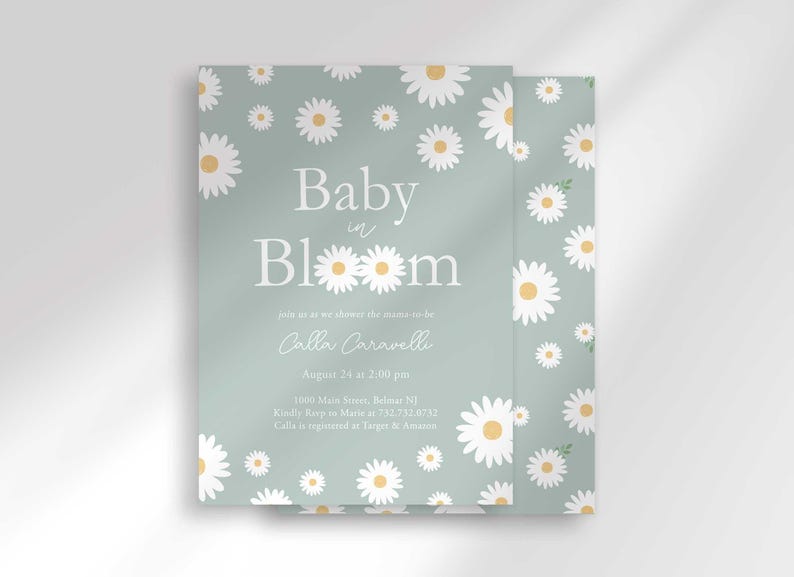 The 'Baby in Bloom' invitation for Calla Caravelli with a second card showing the daisy pattern back design peeking out behind it.