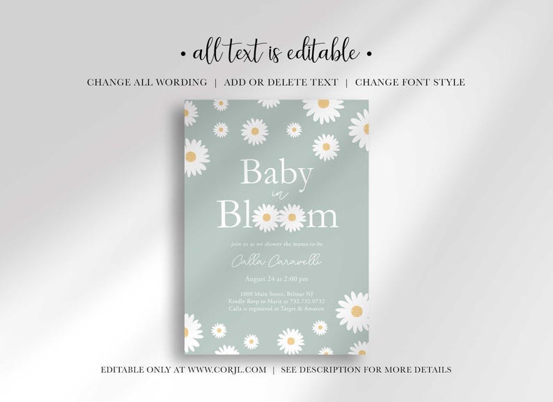 Graphic explaining that all text on the invitation is editable, with options to change wording, add or delete text, and change font style, noting it is editable only at Corjl.com.