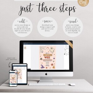 A Corjl how-it-works graphic explaining the three steps to use the digital invitation: edit your details in a web browser, save your design as a JPG or PDF, and send by printing at home or sending digitally via text or email, shown on a desktop computer and mobile devices, with a note to try a free demo before purchasing.