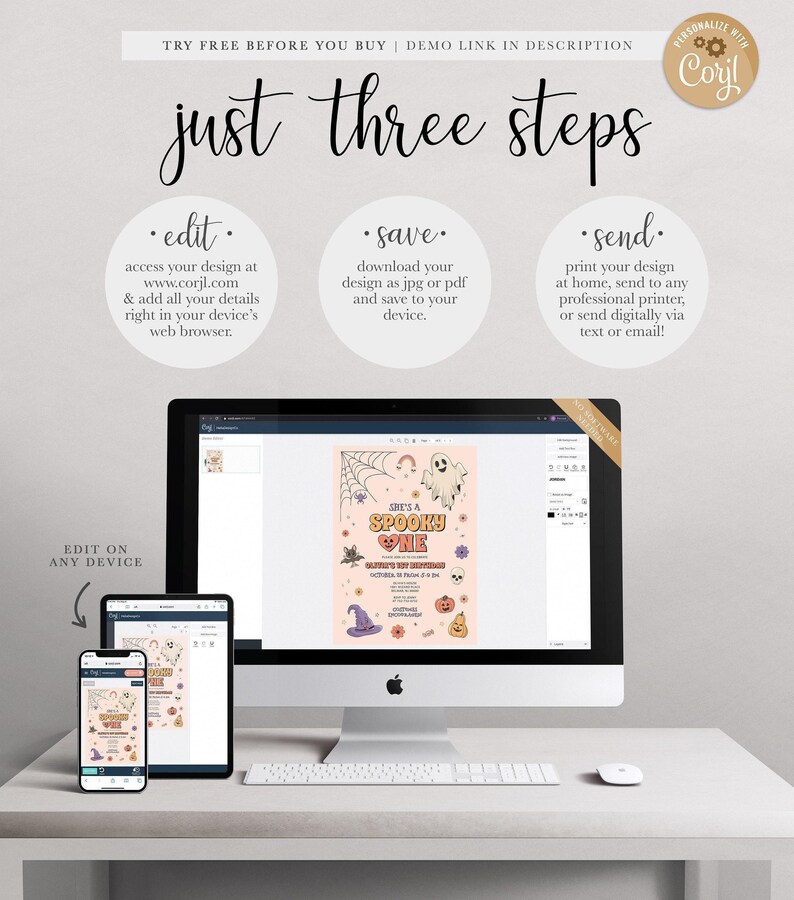 A Corjl how-it-works graphic explaining the three steps to use the digital invitation: edit your details in a web browser, save your design as a JPG or PDF, and send by printing at home or sending digitally via text or email, shown on a desktop computer and mobile devices, with a note to try a free demo before purchasing.