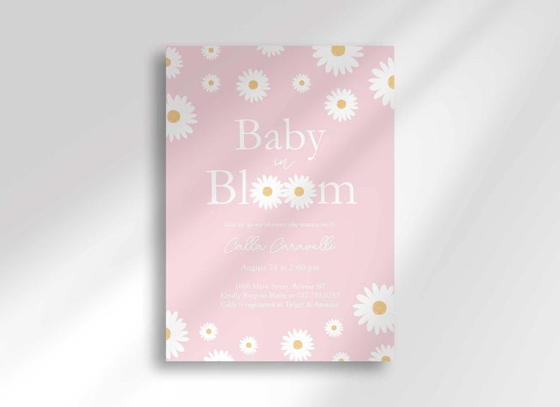 Daisy-themed baby shower invitation in bright pink with a white daisy pattern, reading 'Baby in Bloom' for Calla Caravelli, with the party date, time, location, and registry details.