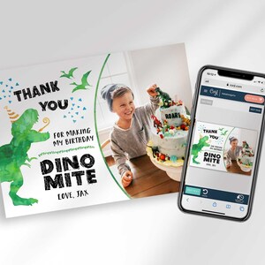 Graphic showing the Dino Mite Thank You card open for editing on a phone screen at Corjl.com.