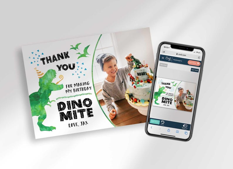Graphic showing the Dino Mite Thank You card open for editing on a phone screen at Corjl.com.