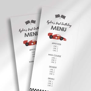 Op de afbeelding: Twee witte menukaarten met een racethema. Elke kaart heeft de tekst "Ryder's first birthday MENU" en een rode raceauto-afbeelding. Het menu bevat secties voor voorgerechten, hoofdgerecht, dessert en drankjes.