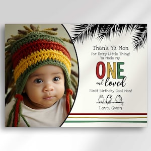Modèle de carte de remerciement modifiable pour le premier anniversaire reggae d'un être cher | Téléchargement numérique | Modifier sur Corjl.com