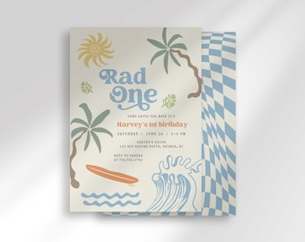 Retro Surf Rad One 1st Birthday Invitation: Little Dude Pool Party (Digital Download)