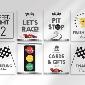 Verjaardagsborden moderne raceauto, borden raceautofeest, tankstation, kaarten en cadeaus, pitstop, laatste ronde, feestdecor, instant download
