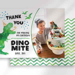 Graphic showing the front and back of the Dino Mite Thank You card, front with the birthday cake photo insert and dinosaur design, back with a green chevron pattern.