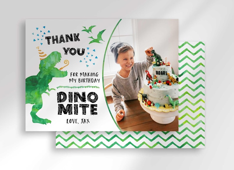 Graphic showing the front and back of the Dino Mite Thank You card, front with the birthday cake photo insert and dinosaur design, back with a green chevron pattern.