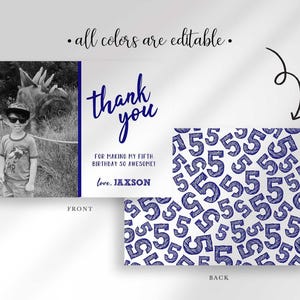 "All colors are editable" disclaimer graphic above a front/back mockup of the same card recolored in navy blue instead of orange/gold, demonstrating the color options.