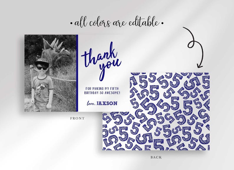 "All colors are editable" disclaimer graphic above a front/back mockup of the same card recolored in navy blue instead of orange/gold, demonstrating the color options.
