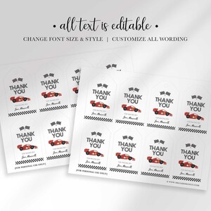 An explainer graphic reading "all text is editable, change font size & style, customize all wording" showing printable sheets of race car-themed "thank you" tags with a checkered flag border.