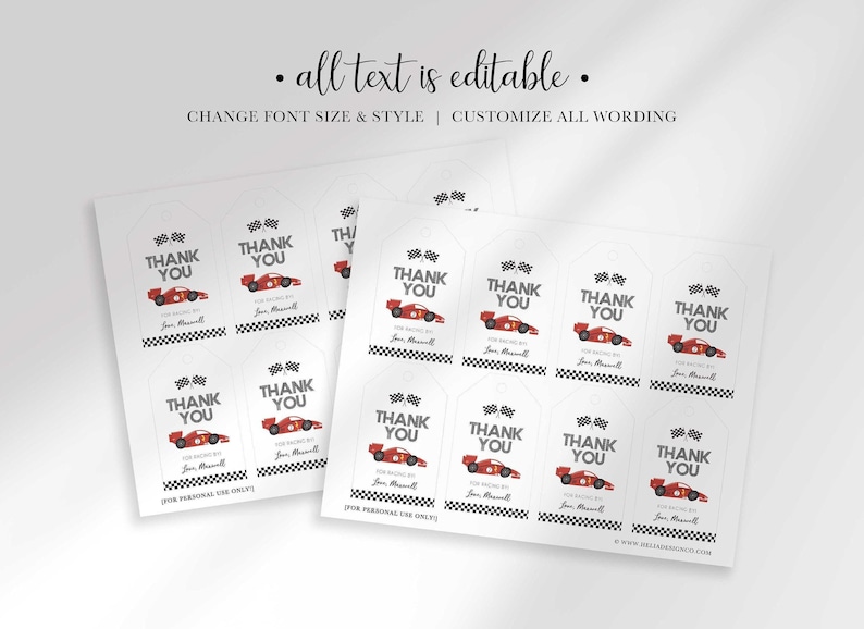 An explainer graphic reading "all text is editable, change font size & style, customize all wording" showing printable sheets of race car-themed "thank you" tags with a checkered flag border.