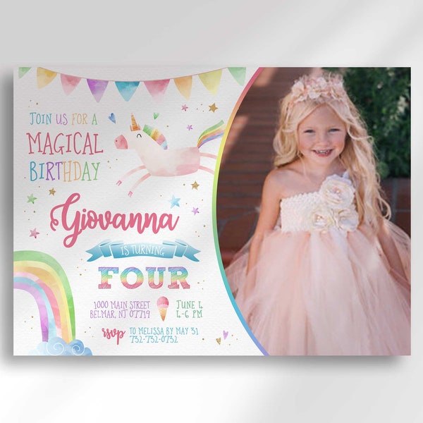 Editable Unicorn Birthday Photo Invitation Template for any Age | Edit Yourself Instant Digital Download