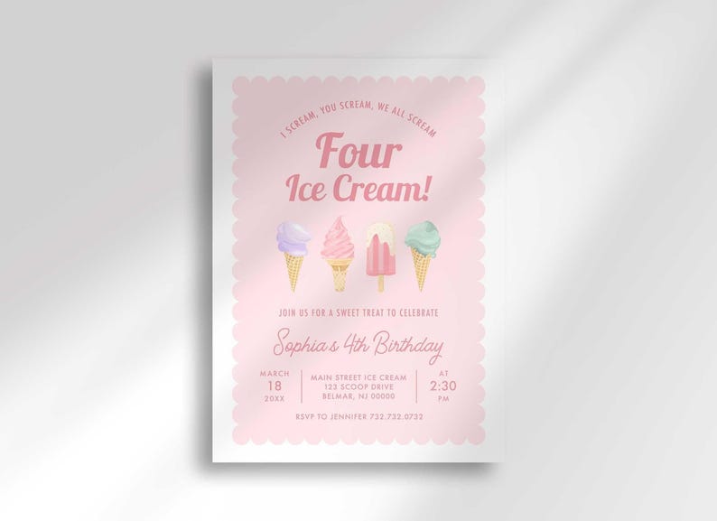 Ice cream 4th birthday invitation