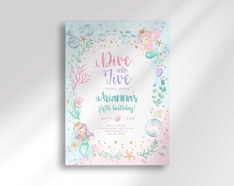Dive into Five Mermaid Birthday Invitation, Under the Sea Girl Pool Party