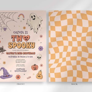 Front and back view of the invitation: the front shows the Halloween-themed party details, and the back shows a wavy orange and cream checkerboard pattern.
