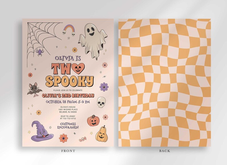 Front and back view of the invitation: the front shows the Halloween-themed party details, and the back shows a wavy orange and cream checkerboard pattern.