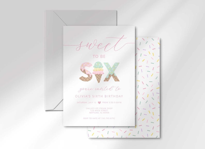 The invitation's front design shown angled and stacked in front of a matching pastel sprinkle-pattern back and a gray envelope.