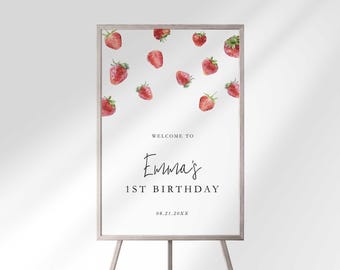 Welkomstbordje 1e verjaardag Strawberry: Berry Sweet Party (digitale download)
