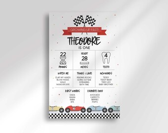 Fast One Race Car First Birthday Milestone Board: 1st Year Stat Chart (Digital Download)
