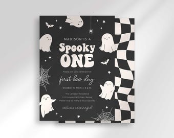 Spooky One First Boo Day Birthday Invitation: Retro Halloween Birthday (Download)
