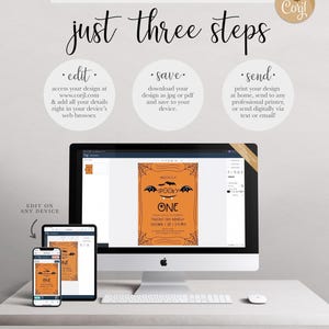 A Corjl how-it-works graphic explaining the three steps to use the digital invitation: edit your details in a web browser, save your design as a JPG or PDF, and send by printing at home or sending digitally via text or email, shown on a desktop computer and mobile devices, with a note to try a free demo before purchasing.