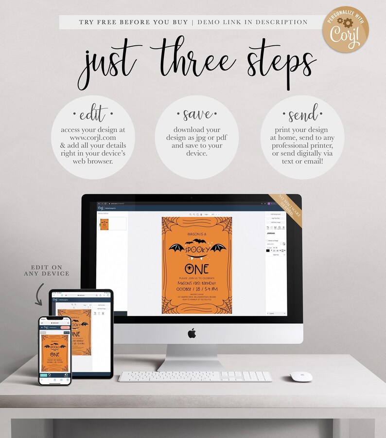 A Corjl how-it-works graphic explaining the three steps to use the digital invitation: edit your details in a web browser, save your design as a JPG or PDF, and send by printing at home or sending digitally via text or email, shown on a desktop computer and mobile devices, with a note to try a free demo before purchasing.