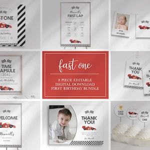 Modern Fast One Race Car First Birthday Invitation, Race Car 1st Birthday Invite, Race Car Birthday Decor, First Birthday Bundle, Download