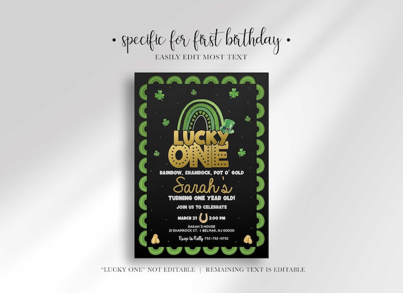 Editability disclaimer graphic above and below the invitation design: "specific for first birthday, easily edit most text" with the note "'LUCKY ONE' NOT EDITABLE | REMAINING TEXT IS EDITABLE."