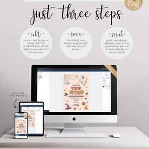 A Corjl explainer graphic titled "just three steps": edit your details online, save your design as a JPG or PDF, and send by printing at home, a professional printer, or digitally via text or email, shown on a desktop computer and mobile devices displaying Olivia's invitation.