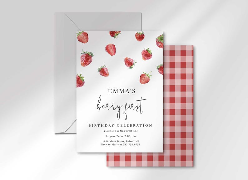 strawberry 1st birthday invitation