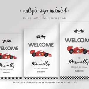 Three vertical signs in different sizes featuring a race car design, checkered flags, and text that reads welcome to Maxwell's second birthday.