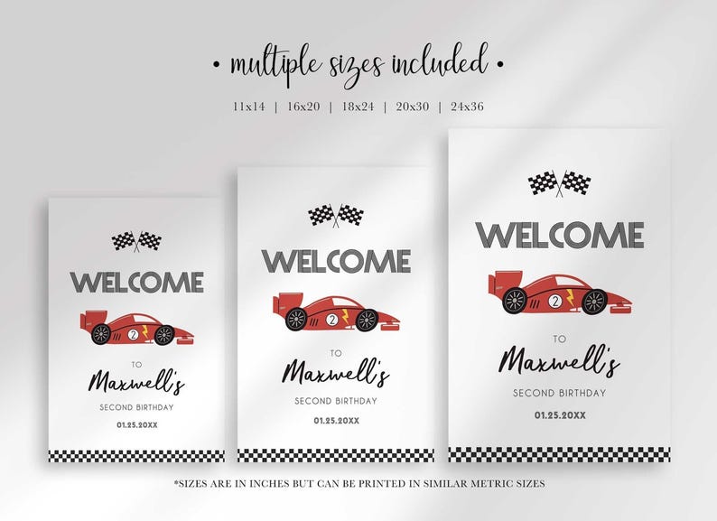 Three vertical signs in different sizes featuring a race car design, checkered flags, and text that reads welcome to Maxwell's second birthday.