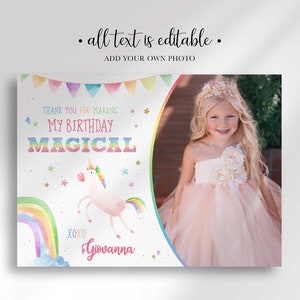 Rainbow Unicorn Birthday Thank You Card with Photo Edit Yourself Instant Digital Download image 4