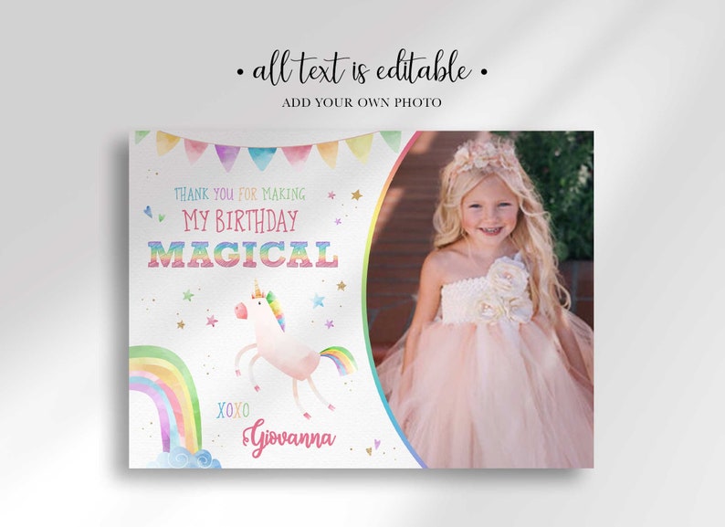 Rainbow Unicorn Birthday Thank You Card with Photo Edit Yourself Instant Digital Download image 4