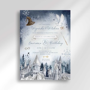 Wintery wizard-themed birthday invitation for Emerson's 8¾ birthday in blue and white tones with snowflakes, an illustrated sorting hat, owl, wand, spellbook, and a snow-covered Hogwarts-style castle, reading 'Attention Wizards & Witches, your presence is requested for a magical celebration' with party date, time, and location.