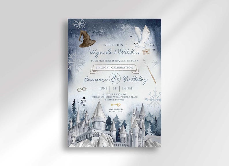 Wintery wizard-themed birthday invitation for Emerson's 8¾ birthday in blue and white tones with snowflakes, an illustrated sorting hat, owl, wand, spellbook, and a snow-covered Hogwarts-style castle, reading 'Attention Wizards & Witches, your presence is requested for a magical celebration' with party date, time, and location.