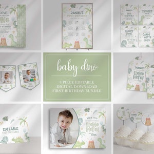 Cute Dinosaur 1st Birthday Invitation, Little Dino Birthday Invite, Dinosaur Party Decor, Dino Thank You, Instant Download
