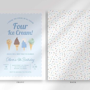 Front and back preview of the Four Ice Cream invitation, with party details on the front and a colorful sprinkle pattern on the back.