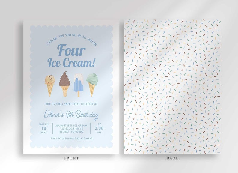 Front and back preview of the Four Ice Cream invitation, with party details on the front and a colorful sprinkle pattern on the back.