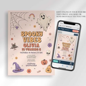 Graphic showing the invitation displayed on a smartphone, explaining that customers can edit it online in their web browser, then print and mail it or send it digitally via text or email.