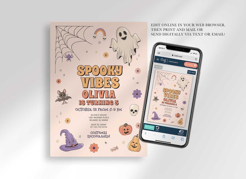 Graphic showing the invitation displayed on a smartphone, explaining that customers can edit it online in their web browser, then print and mail it or send it digitally via text or email.