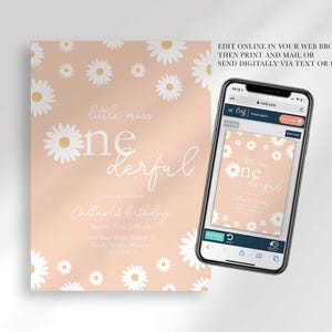 Graphic showing the invitation displayed on a smartphone, explaining that customers can edit it online in their web browser, then print and mail it or send it digitally via text or email.