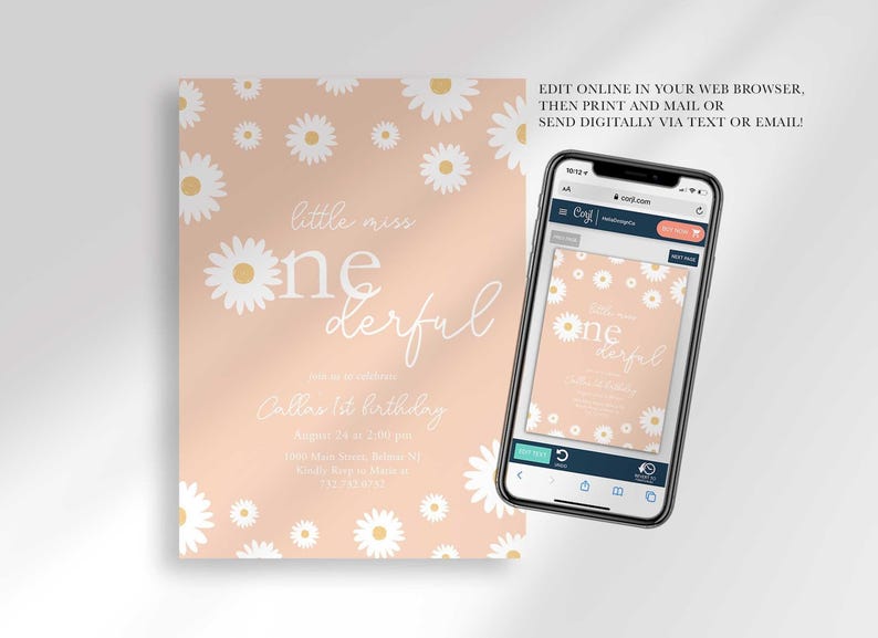 Graphic showing the invitation displayed on a smartphone, explaining that customers can edit it online in their web browser, then print and mail it or send it digitally via text or email.