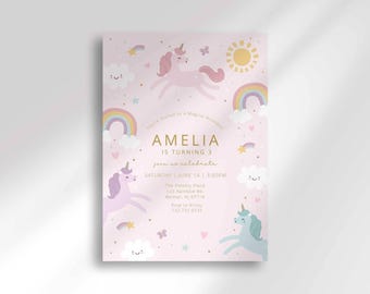 Unicorn Birthday Invitation, Magical Rainbow Party Invite