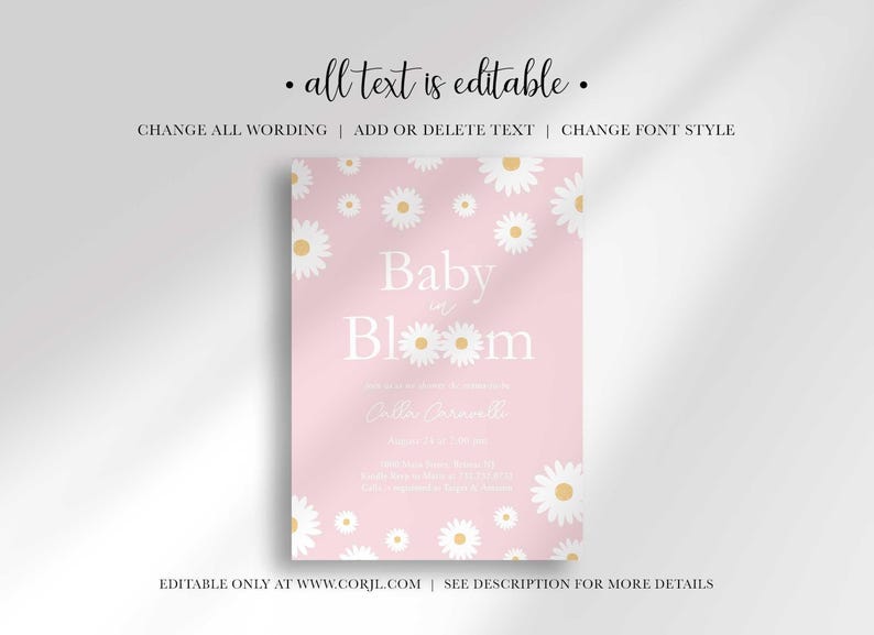 Graphic explaining that all text on the invitation is editable, with options to change wording, add or delete text, and change font style, noting it is editable only at Corjl.com.