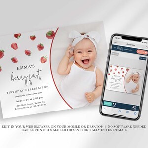digital strawberry birthday invitation