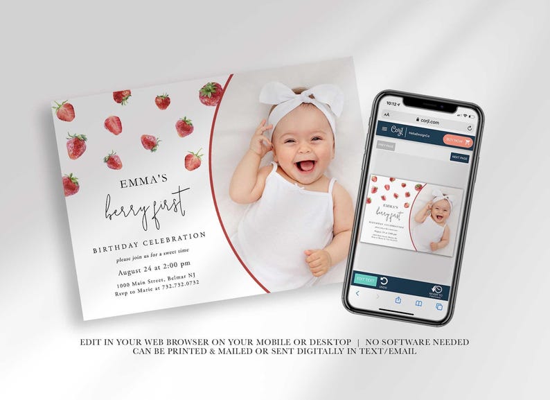 digital strawberry birthday invitation