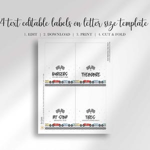 A single letter size template sheet displaying four editable race car fold over labels with instructions above.